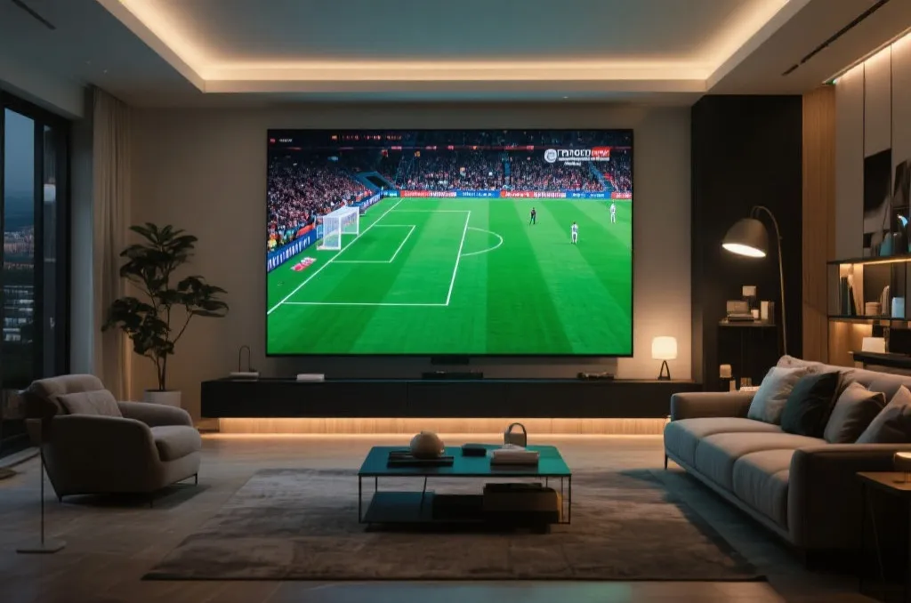 A modern living room with a giant ultra-high-definition television displaying a vibrant soccer match, realistic and cozy cinematic lighting